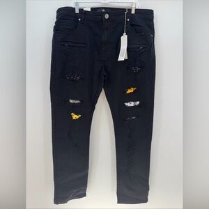 Mens, Focus Brand, Black, Straight Leg, Patches, Size 40X32